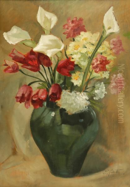 Vaso Verde Con Fiori Oil Painting by Enrico Butti