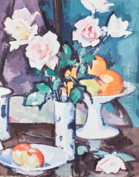 Still Life with Roses, Oranges and Apples Oil Painting by unknown