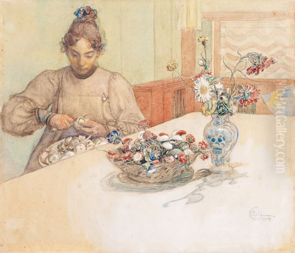 Karin Peeling Apples Oil Painting by Carl Larsson