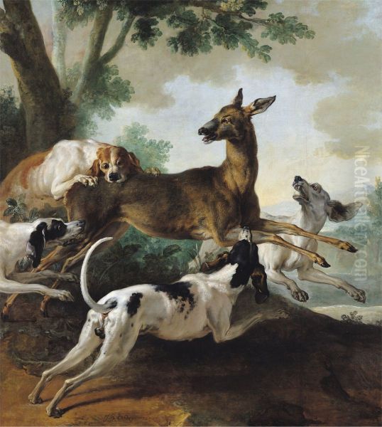 A Deer chased by Dogs Oil Painting by Jean-Baptiste Oudry