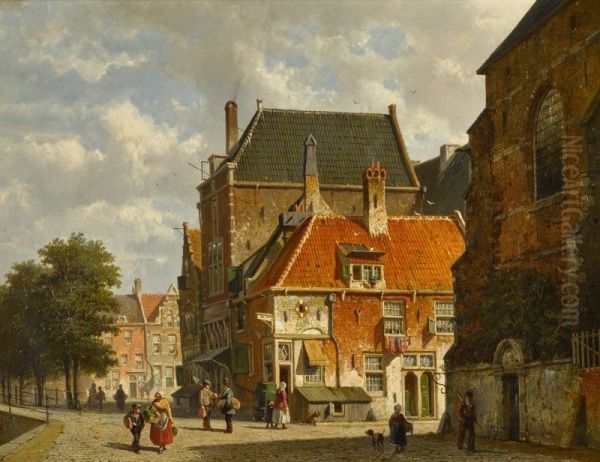 Figures on a Sunlit Street Oil Painting by unknown