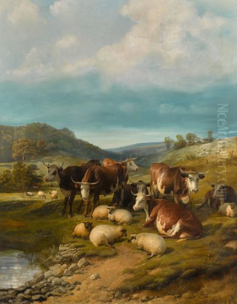 Cattle and Sheep at a Watering Place Oil Painting by unknown