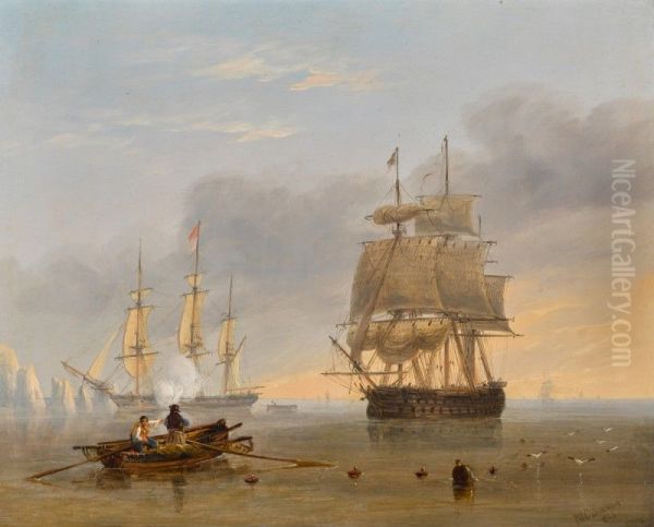 A British Man of War off the Needles, Isle of Wight Oil Painting by unknown