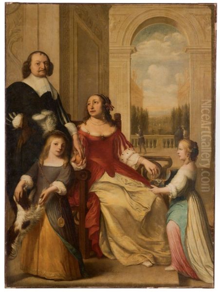 A portrait of Louis Henry, Prince of Nassau-Dillenburg (1594-1662) and his family, full-length, in the portico of a palace Oil Painting by unknown