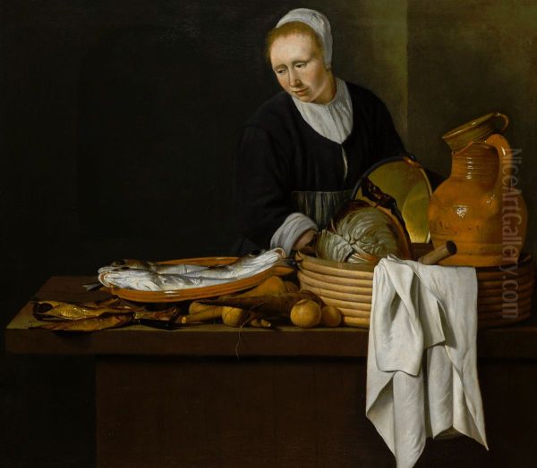 A kitchen scene with a maid standing by a table laden with fish Oil Painting by unknown