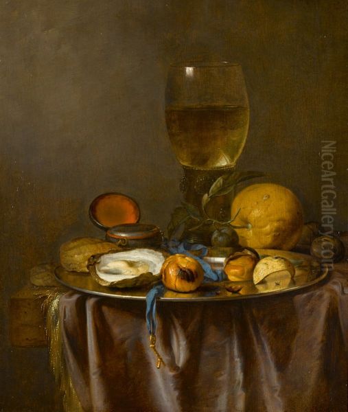 Still life with a roemer, timepiece, oyster and fruit Oil Painting by Jacob van Walscapelle