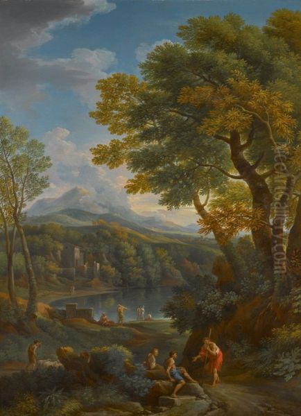 Arcadian landscape with figures on a path in the foreground, and beside a lake Oil Painting by unknown