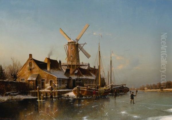 A WINTER LANDSCAPE WITH A MILL ON A FROZEN RIVER Oil Painting by unknown