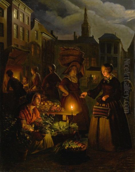 A MOONLIT VEGETABLE MARKET ON DE GROTE MARKT, THE HAGUE Oil Painting by unknown