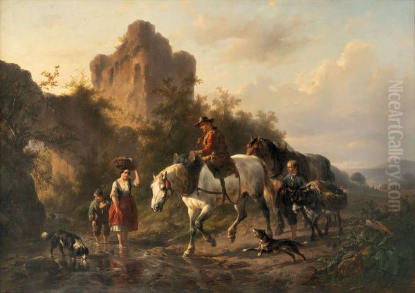 A driver with his family fording a stream Oil Painting by unknown