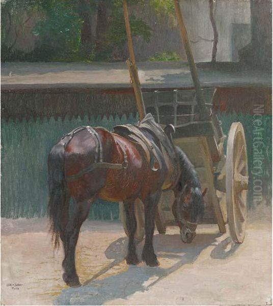 A Cart Horse In A Yard Oil Painting by Helene Buttner