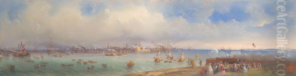 The great 'Peace Review' of the Fleet held at Spithead on 23rd April, 1856, following the conclusion of the Crimean War Oil Painting by unknown