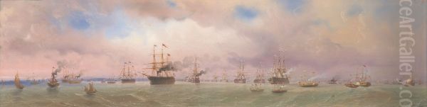 The great 'Peace Review' of the Fleet held at Spithead on 23rd April, 1856, following the conclusion of the Crimean War Oil Painting by unknown