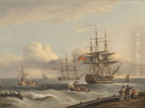 A British '74' unfurling its sails as it prepares to leave the anchorage with a frigate and various coastal craft beyond Oil Painting by unknown