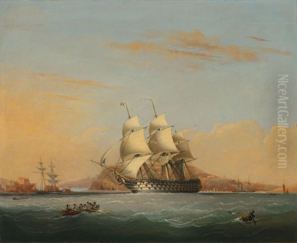 A first rate ship-of-the-line beating up Plymouth Sound and calling for a pilot to take her into the Hamoaze Oil Painting by unknown