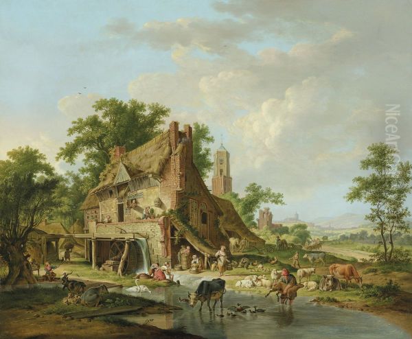 A watermill with farmyard animals and peasants, a landscape beyond Oil Painting by unknown