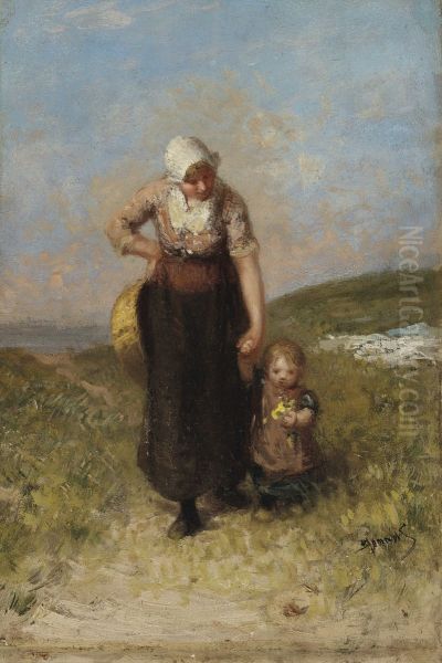 Mother and Child Strolling in the Dunes Oil Painting by Bernard Blommers