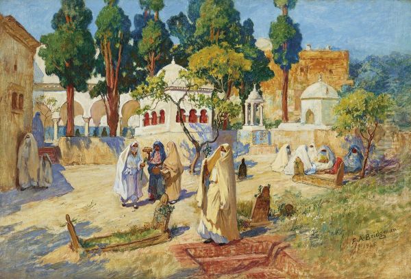 Arab Women's Day in the Cemetery, Bou-Kobrine Oil Painting by Frederick Arthur Bridgman