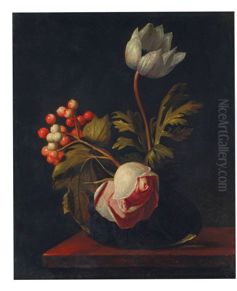 A rose, an anemone, and a sprig of rowan in a glass vase on a ledge Oil Painting by Simon Pietersz Verelst