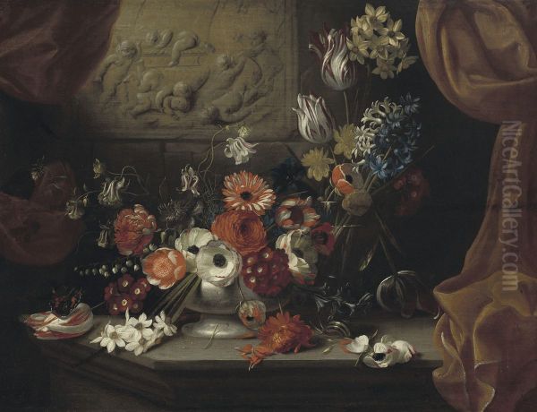 Poppies, a rose, a tulip and other flowers in a low vase with flowers in a roemer on a stone ledge with a relief and curtains Oil Painting by Michel Bouillon