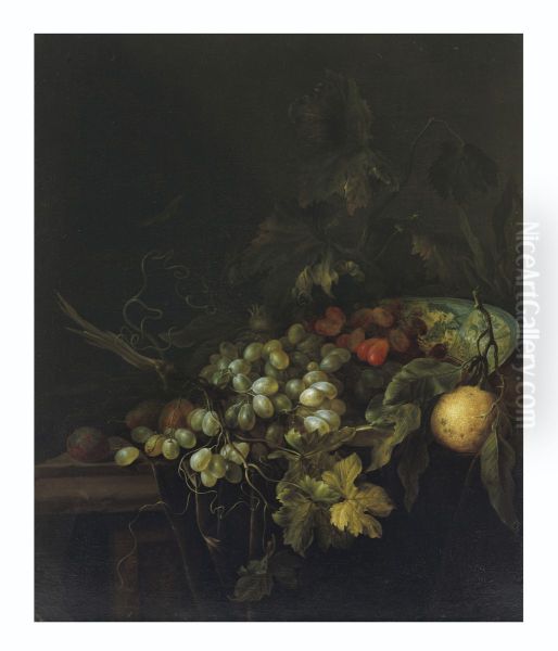 A Wan-Li bowl with grapes and other fruit, on a partially draped table Oil Painting by Gregorius De Coninck