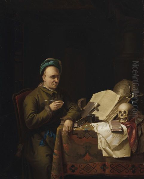 A scholar in his studio Oil Painting by Justus Juncker