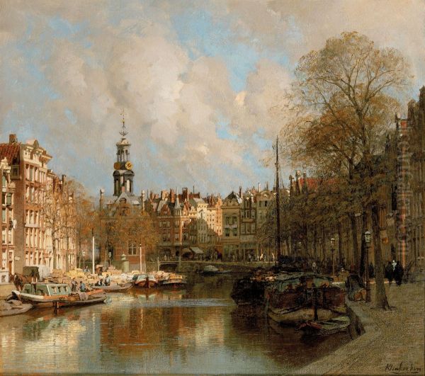 View of the Singel and the Bloemmarkt near the Munt, Amsterdam Oil Painting by Johannes Christiaan Karel Klinkenberg