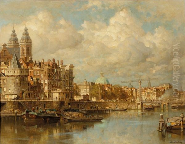 A view of the Prins Hendrikkade with the St Nicolaas Church, he Schreierstoren and the Lutherian church, Amsterdam Oil Painting by Johannes Christiaan Karel Klinkenberg