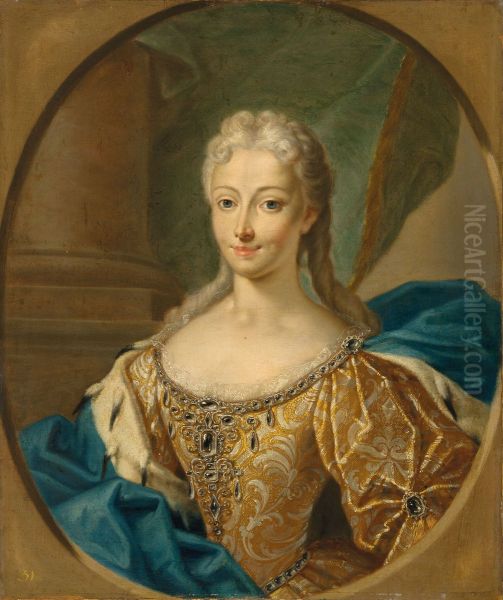 Portrait of Princess Maria Clementina Sobieska (1702-1735), wife of 'The Old Pretender', bust-length, in a gold dress and blue ermine-lined cloak, in a feigned oval Oil Painting by William Mosman