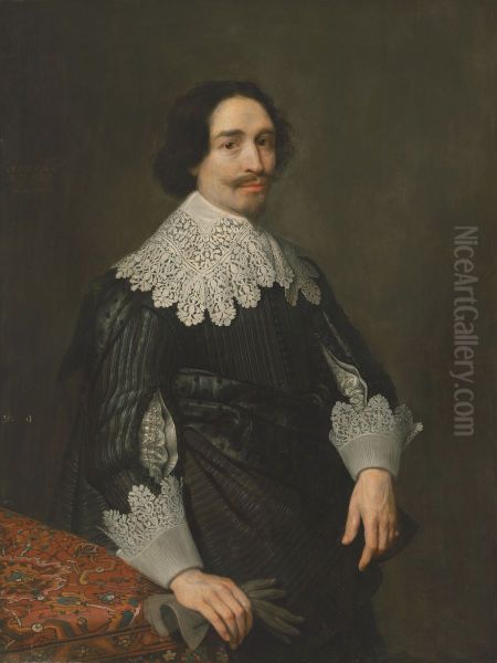 Portrait of a gentleman, aged 29, three-quarter-length, in a black slashed-sleeve doublet and lace collar Oil Painting by Michiel Jansz. van Mierevelt