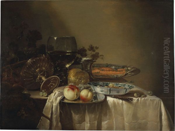 A roemer, an upturned tazza, grapes, peaches and salmon on pewter platters, olives in a porcelain bowl, and other objects on a partly draped table Oil Painting by Adriaen Jansz Kraen