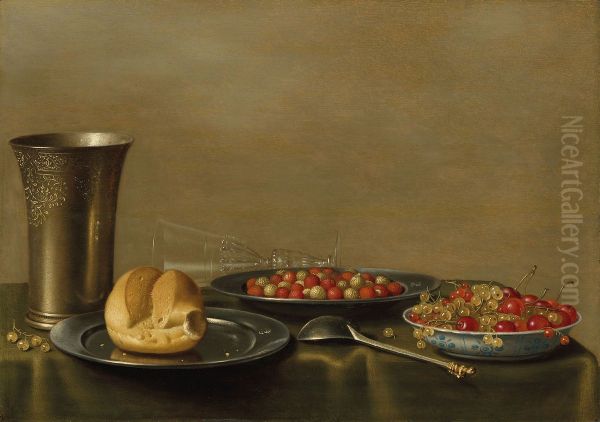 Strawberries in a silver dish, cherries and white currents in a wanli bowl, with a bread roll and silver cup Oil Painting by Floris van Schooten