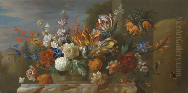 Tulips, peonies and other flowers in a basket on a plinth, a garden beyond Oil Painting by Jakob Bogdani