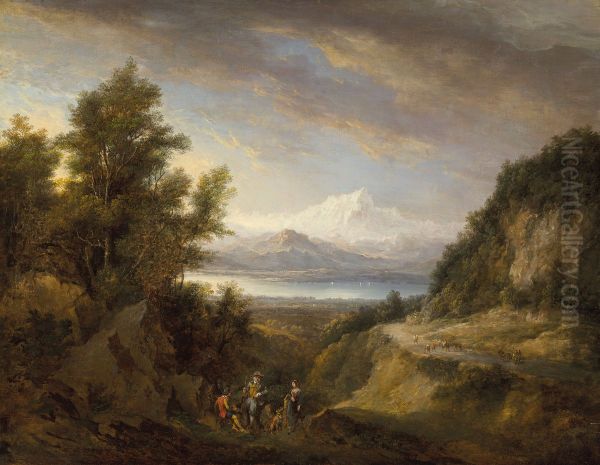 Extensive view of Lake Geneva with Mont Blanc beyond, figures in the foreground Oil Painting by Alexander Nasmyth