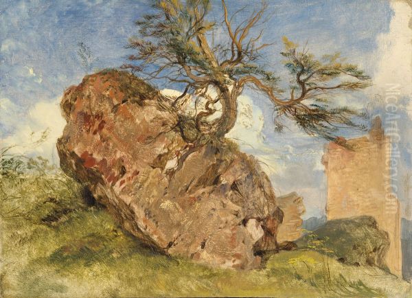 Study of a rock and a tree Oil Painting by Edwin Landseer