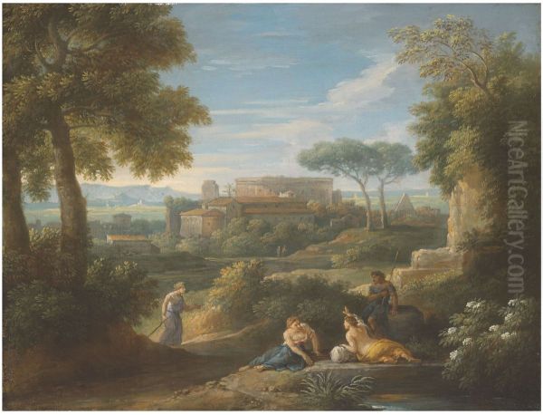 Travellers resting beside a road, a town beyond Oil Painting by Jan Frans van Bloemen