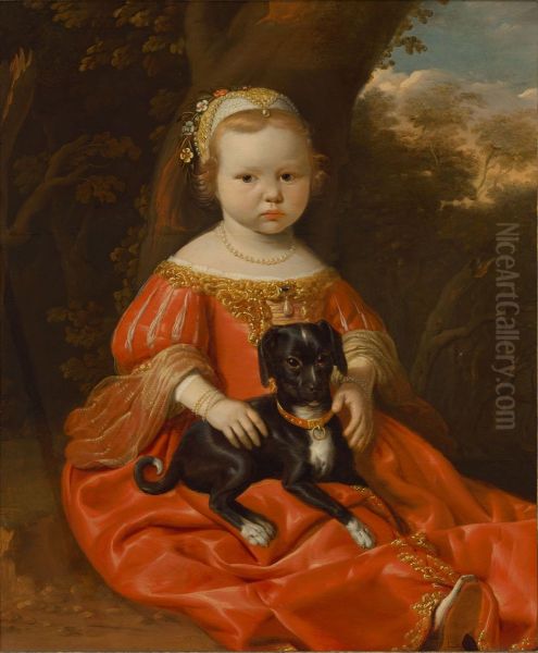 Portrait of a young girl in a red dress with her dog in a landscape Oil Painting by Jan de Stomme