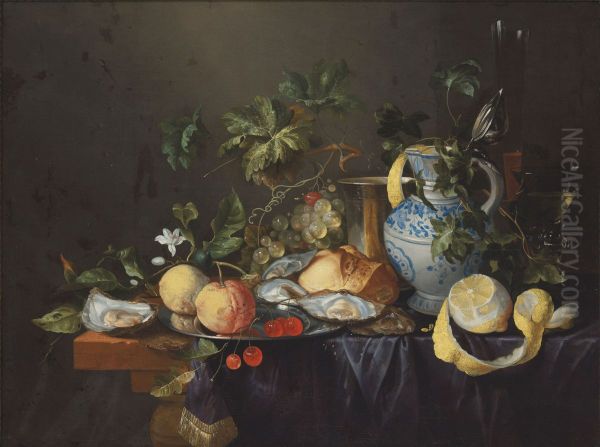 Oysters, grapes, lemons, an orange, cherries and a loaf with silverwear, glasses and a delft vase on a draped table Oil Painting by Joris Van Son