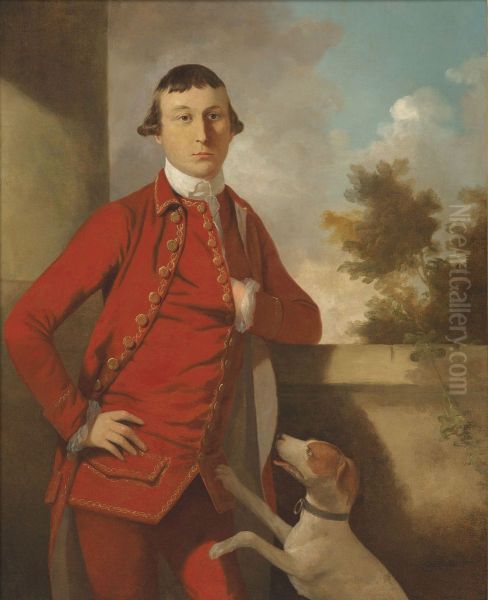 Portrait of a gentleman, a member of the Oman family, three-quarter-length, in a red suit, with a dog Oil Painting by Tilly Kettle