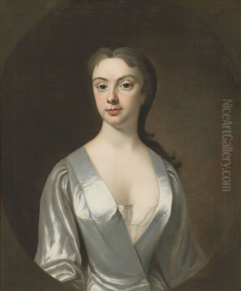 Portrait of a lady, traditionally identified as Joyce Leeson, Lady Blackwood, half-length, in a sliver gown, in a feigned oval Oil Painting by Anthony Lee