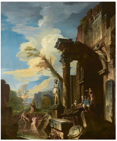 FIGURES_IN_A_GARDEN_WITH_WATER_SPRINGS Oil Painting by Giovanni Paolo Panini