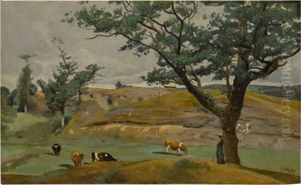 COLLINES ET PATURES DES ENVIRONS DE SAINT-LO Oil Painting by Jean-Baptiste Camille Corot