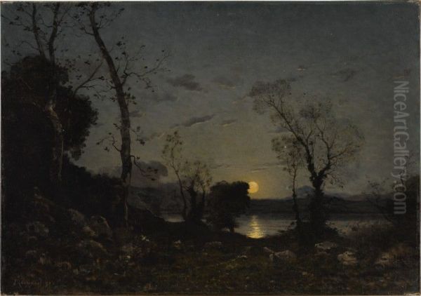 UN LAC AU CLAIR DE LUNE Oil Painting by Henri Harpignies