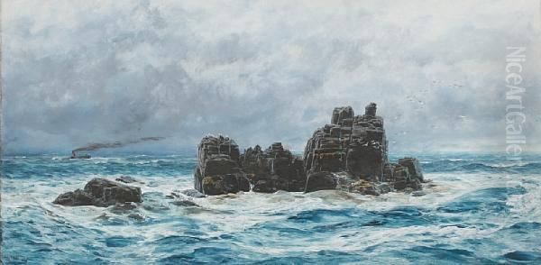 A Rocky Coastal Outcrop, With Distantsteamer Oil Painting by John Butts