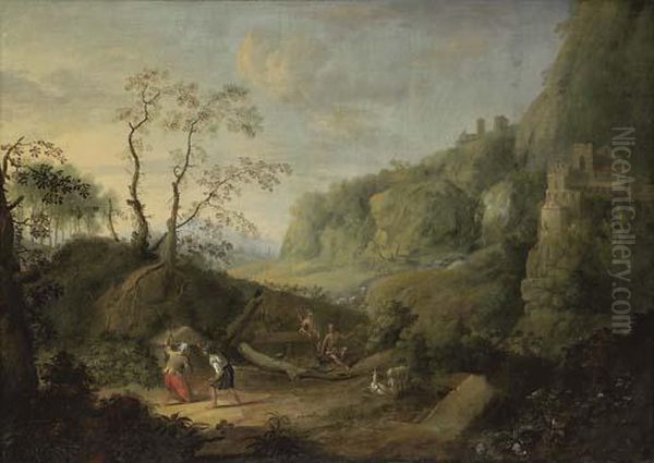 A Mountainous Wooded Landscape With Figures Oil Painting by John Butts