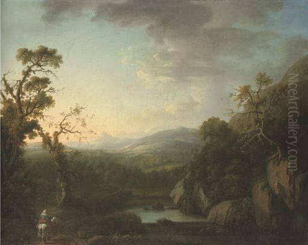 An Extensive River Landscape With A Figure And Horse On A Path In The Foreground Oil Painting by John Butts