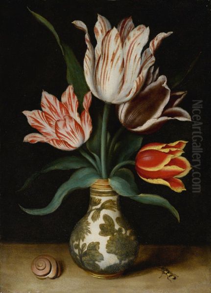 STILL LIFE OF FOUR TULIPS IN A WAN-LI PORCELAIN VASE Oil Painting by Ambrosius Bosschaert