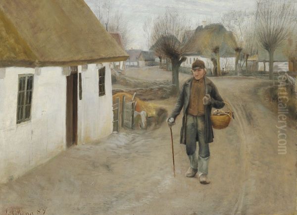 Road through a village with a man walking Oil Painting by Laurits Andersen Ring