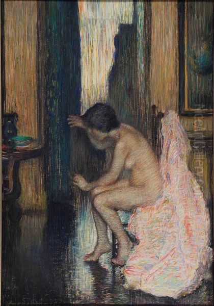 Seated nude combing her hair Oil Painting by Rosamond Smith Bouve