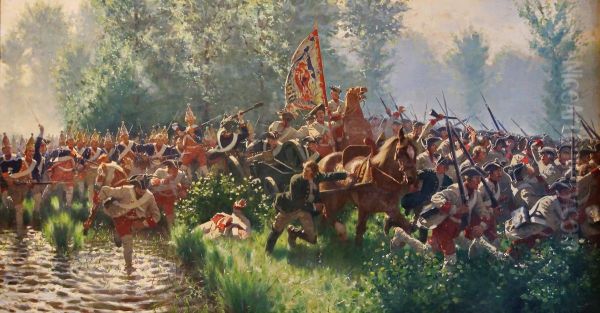 Die Schlacht bei Hohenfriedeberg am 4. Juni 1745. Oil Painting by Carl Rochling